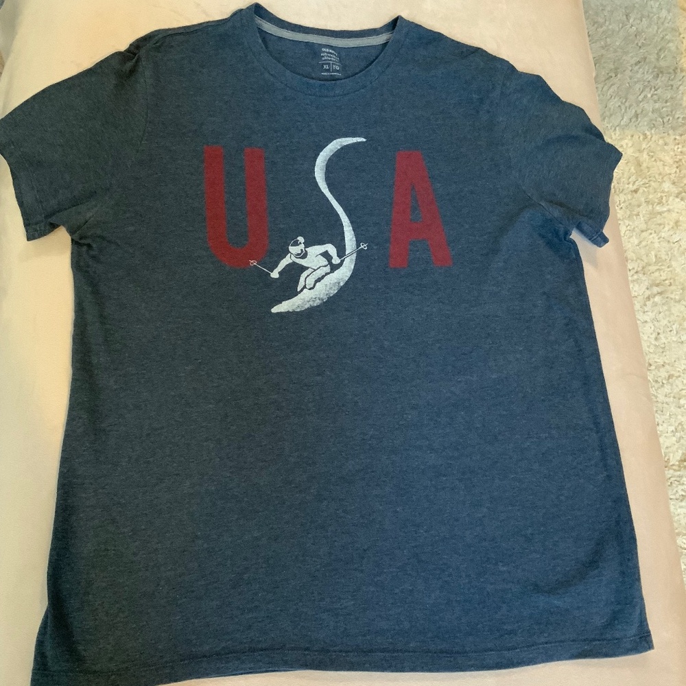 Old Navy Blue USA XL Ski Short Sleeve T Olympics Alpine Pickleball Sporty Gym - Picture 2 of 6